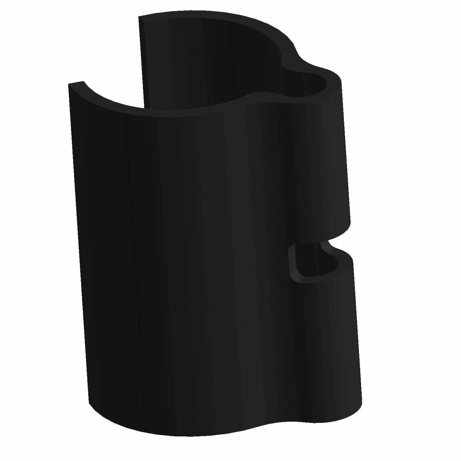 Black plastic clip with contoured cylindrical shape and a slot for securing brake lines.