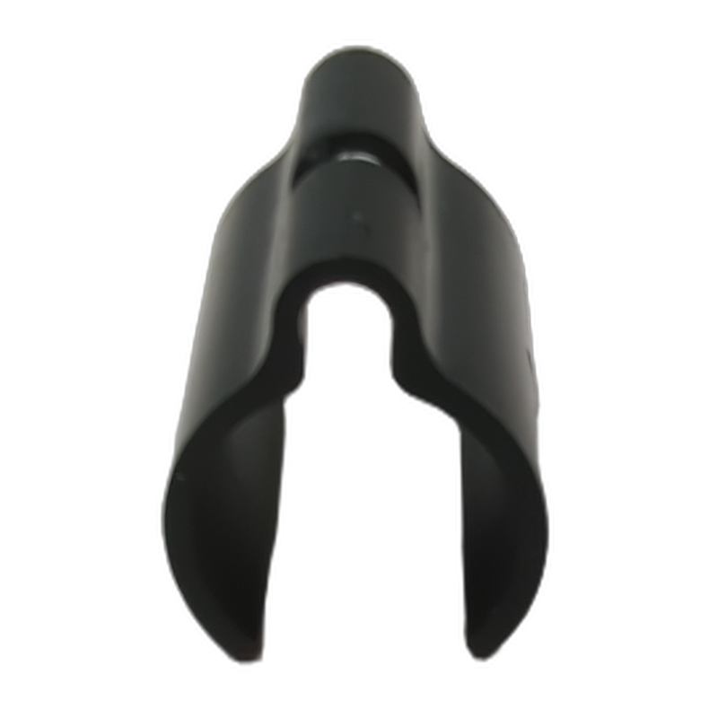 Black plastic inner brake line clip with a curved, open-ended design.