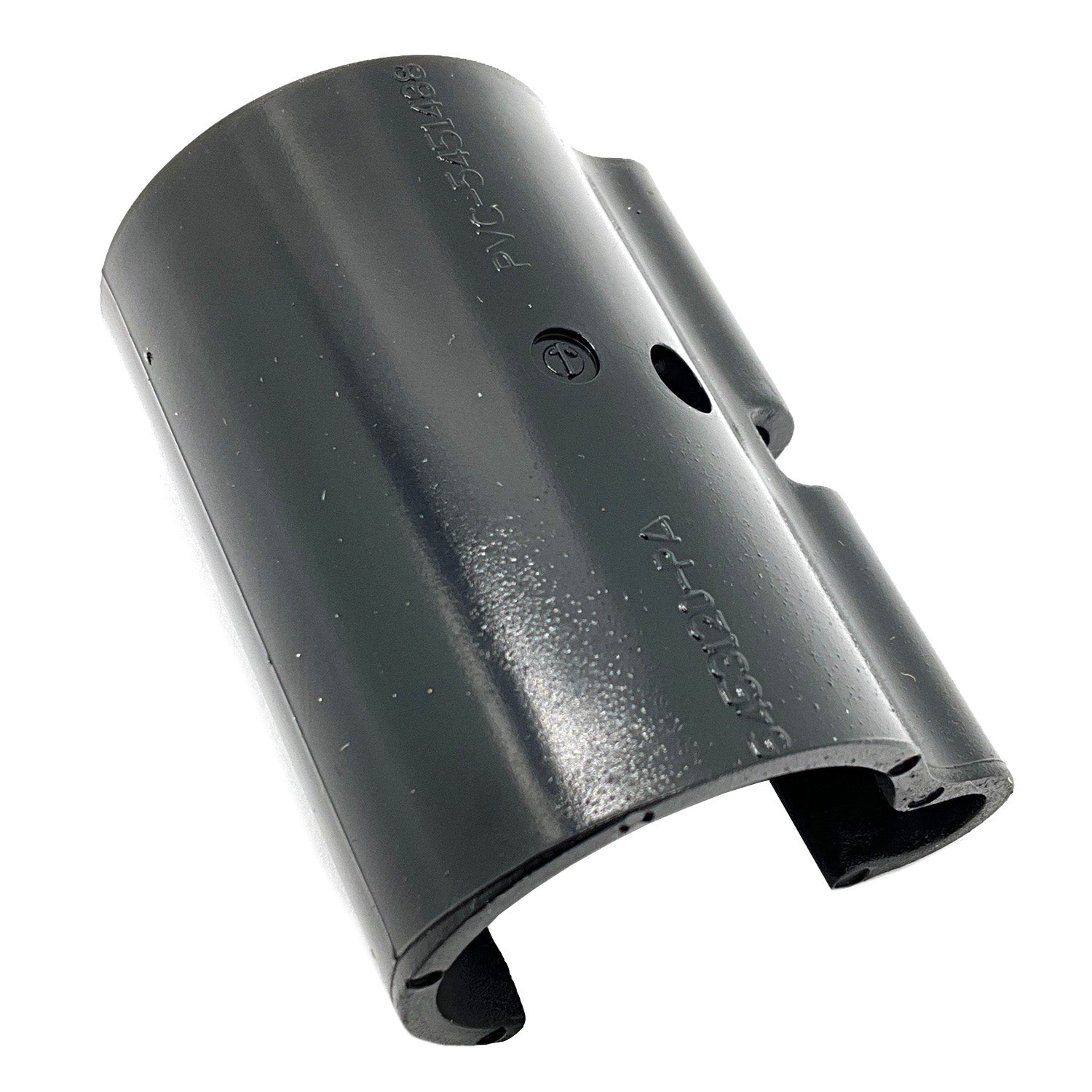 Black cylindrical outer brake line clip with mounting holes and curved edges, made of durable plastic.