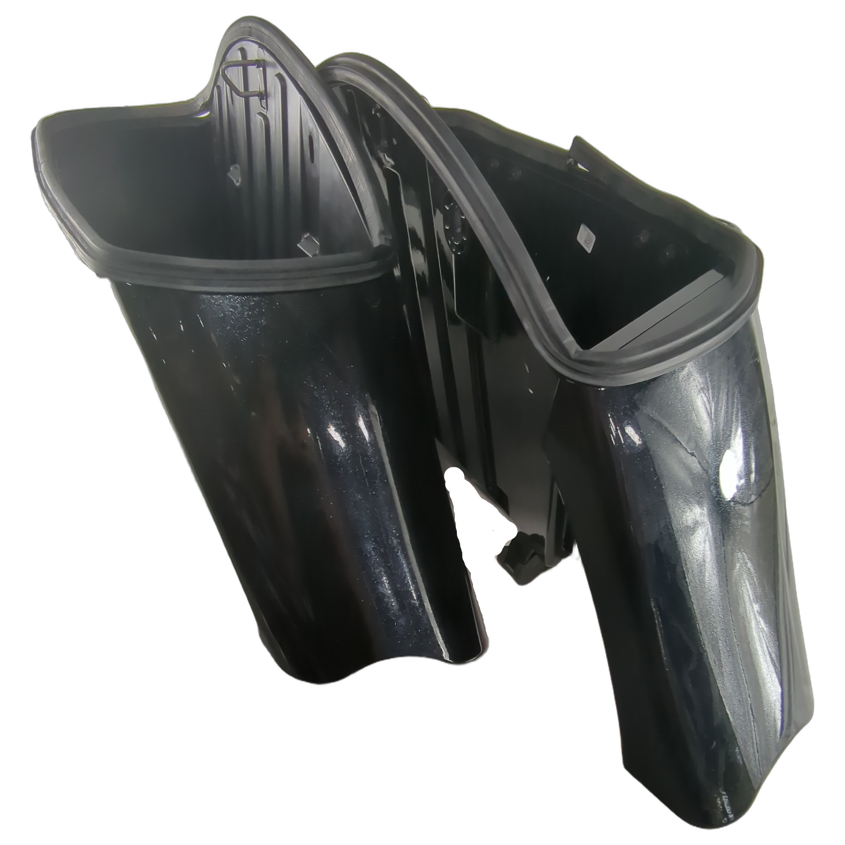 Black glossy hard plastic motorcycle saddlebags without lids, designed for left and right sides, with a sleek curved shape.