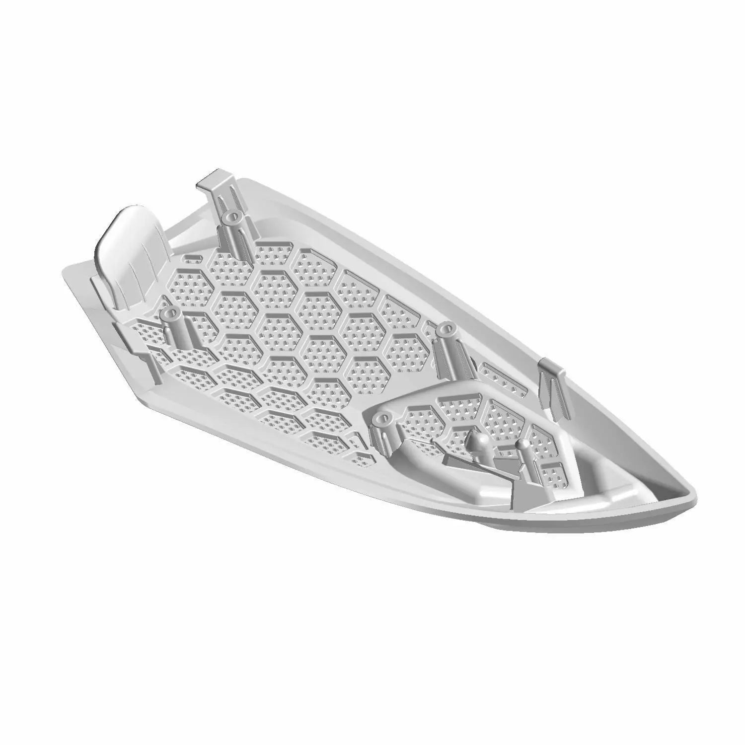 Light gray suede left speaker grill with honeycomb pattern and molded mounting points.