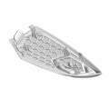 Light gray suede left speaker grill with honeycomb pattern and molded mounting points.