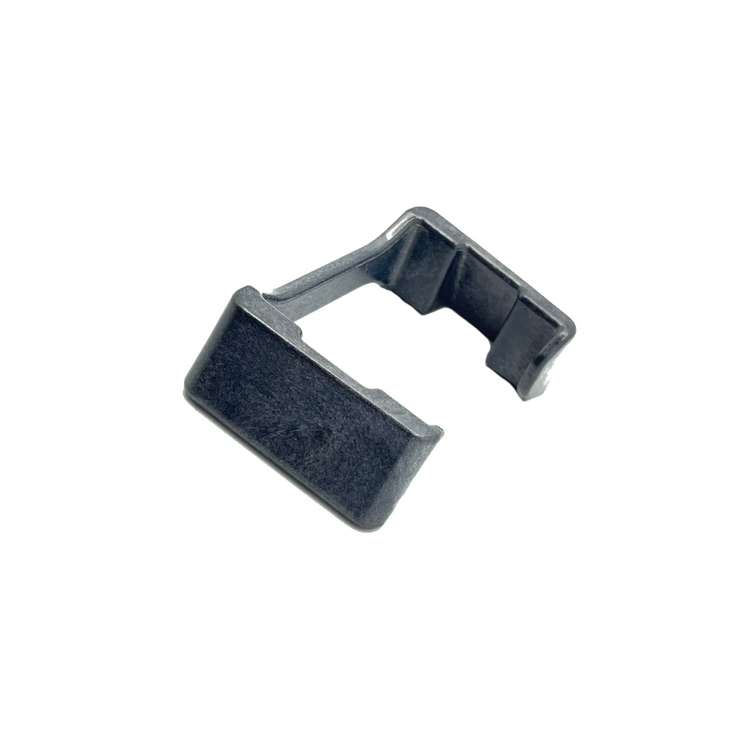Black rectangular plastic clutch tower slider clip with a hooked end for secure attachment.
