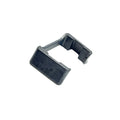 Black rectangular plastic clutch tower slider clip with a hooked end for secure attachment.