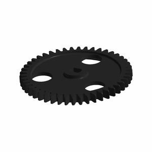 Black circular metal oil pump gear with three large oval cutouts and evenly spaced teeth around the edge.