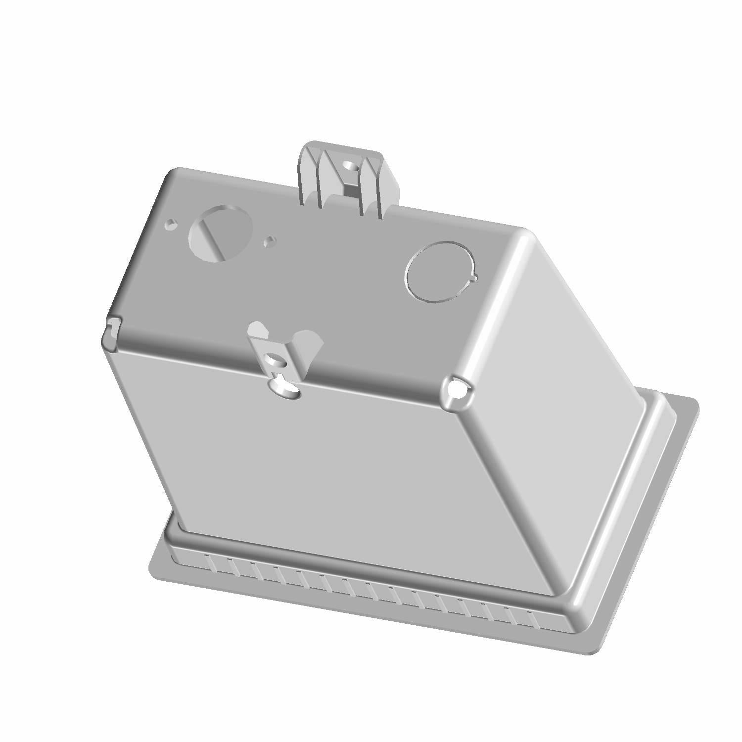 Black metal double din panel winch mount with angular design and mounting brackets.
