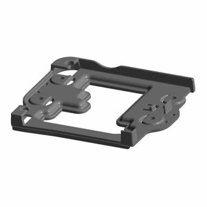 A 3D render of a black, square-shaped metal bracket with notches, cut-outs, and raised edges, resembling the Ecm Mount by Polaris, designed for use with motorcycles or similar equipment.