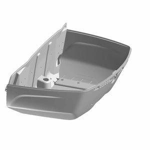 Gray hard plastic trunk bin for motorcycle storage with attachment points and smooth interior walls.