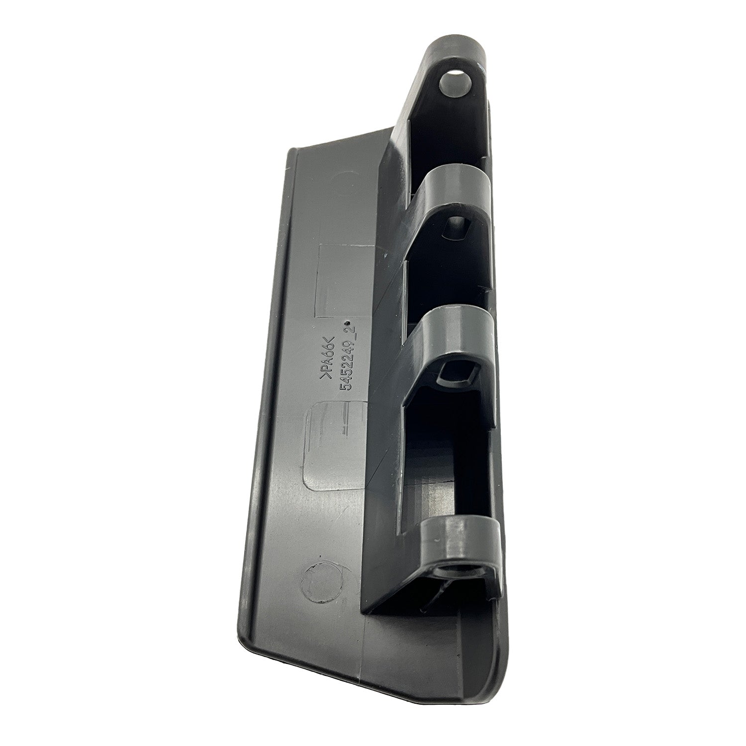 Gloss black plastic tailgate latch handle with rectangular mounting holes and curved grip design.