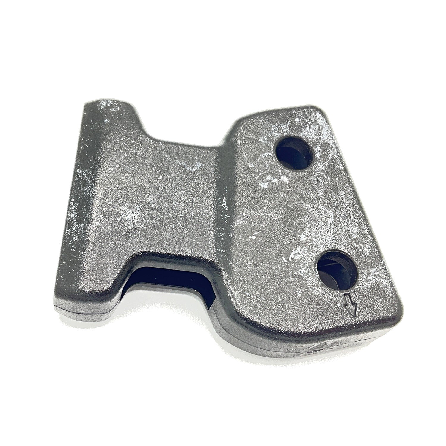 Silver metal buckle with two round holes, contoured shape, and matte finish.