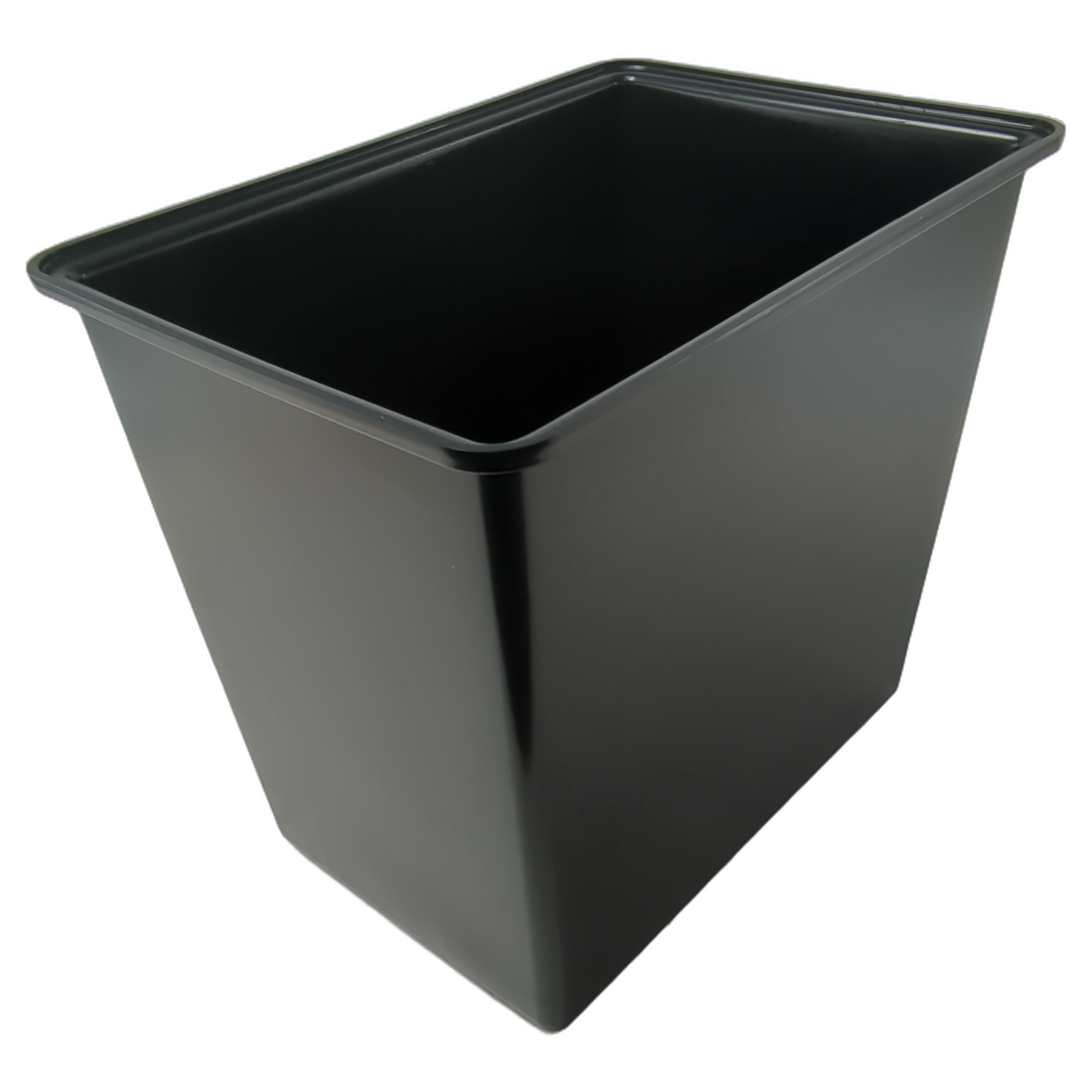 Gloss black rectangular underseat storage bin with smooth plastic finish and tapered sides.