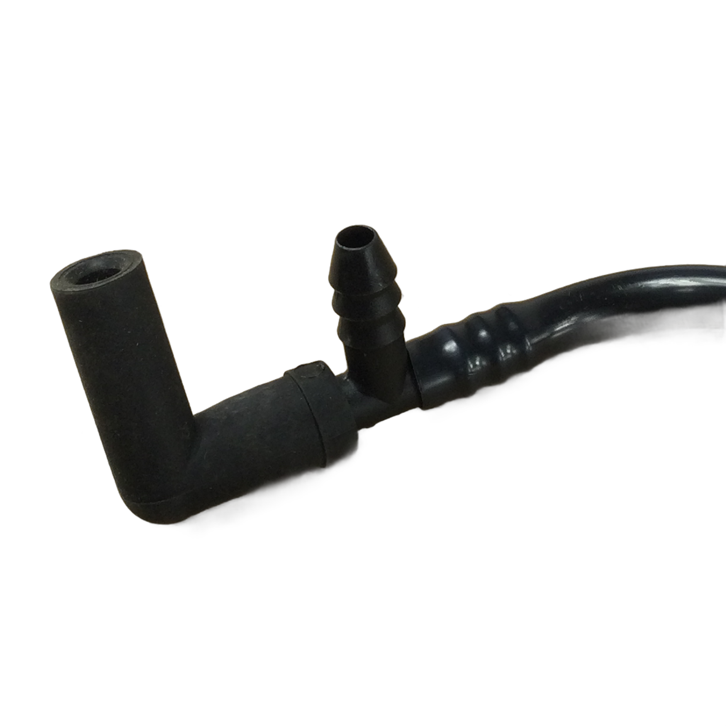 The Polaris Water / Vent Line To Ground is a black rubber vacuum hose connector with a right-angle bend and side port, attached to a flexible hose—an OEM part ideal for water or vent line to ground applications.