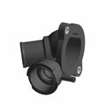 Black plastic thermostat cover with mounting holes and cylindrical hose connection port.