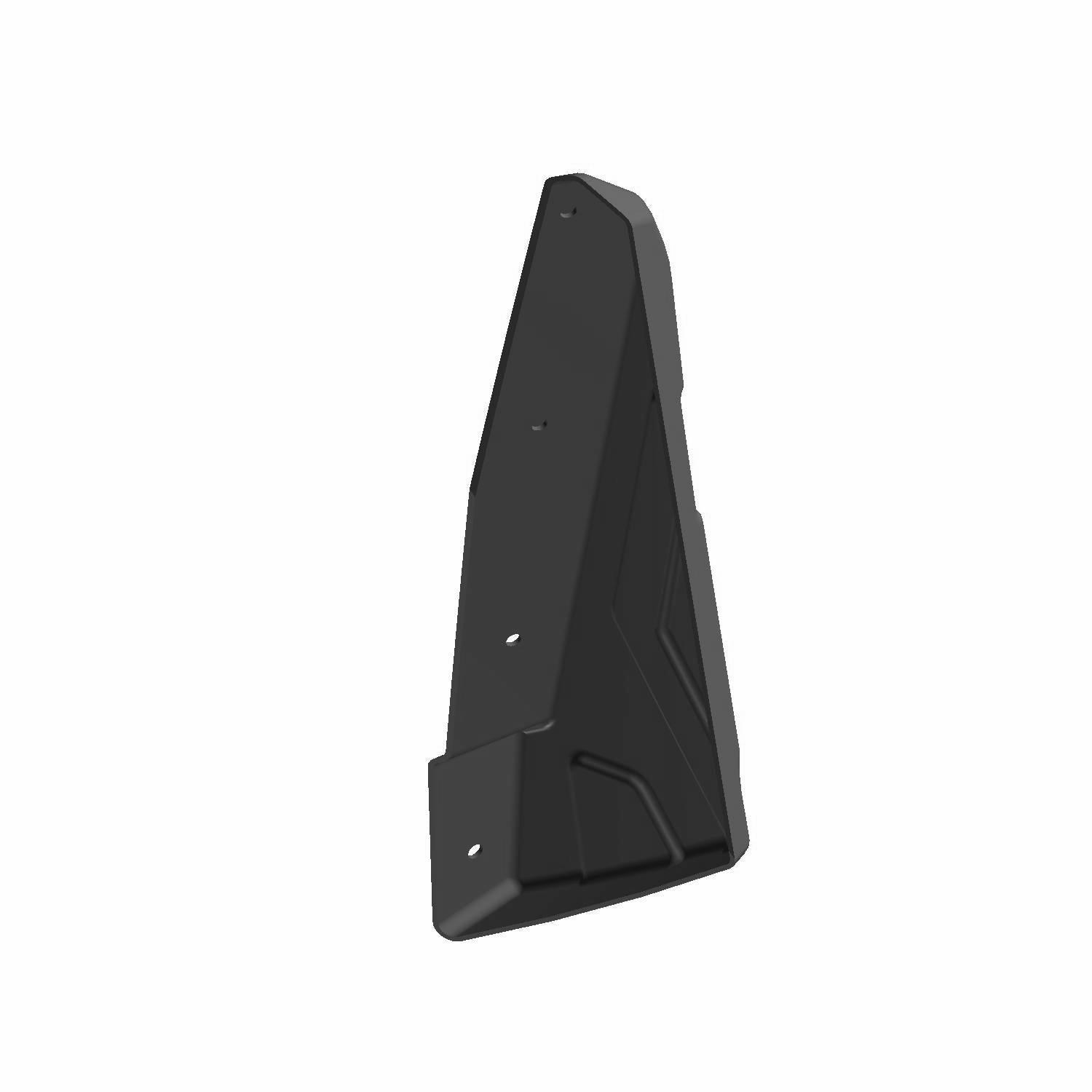 Black angular rear left flair fender for Polaris UTV with bolt holes and textured finish.