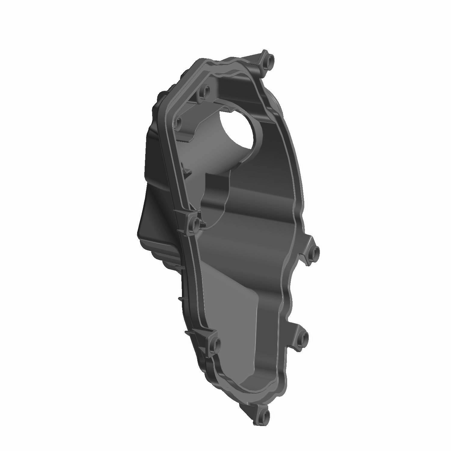 Black molded plastic alternator cover with mounting holes and circular opening for Polaris UTV.
