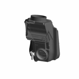 3D rendering of the Airbox Intake by Polaris, a black plastic component with a top cylindrical opening and a lower circular opening featuring a small grey lever, commonly used in Polaris vehicles.