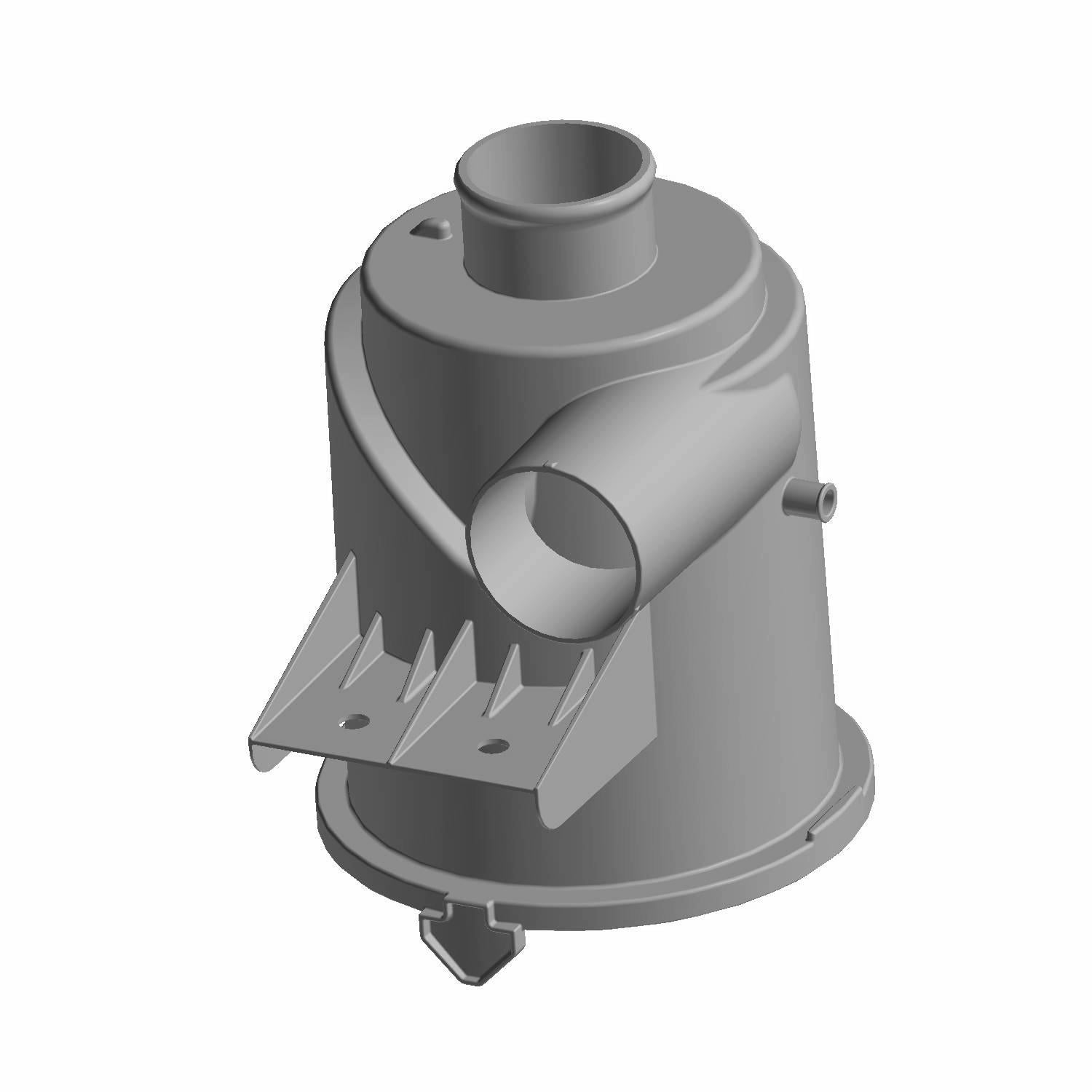 Gray plastic cylindrical air box intake with vertical mounting bracket and angled inlet port.