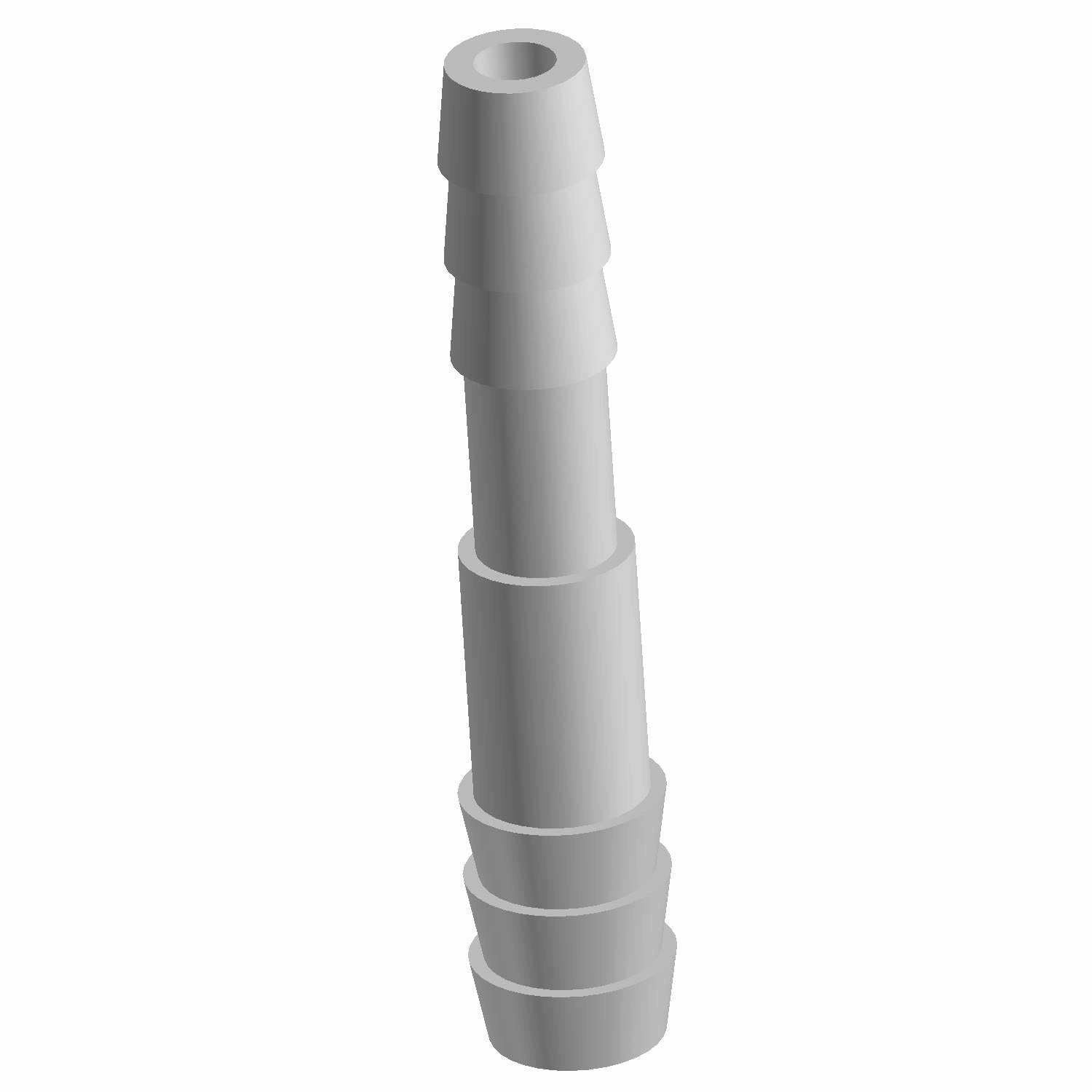 Gray plastic line fitting with barbed ends on both sides for secure hose connection.