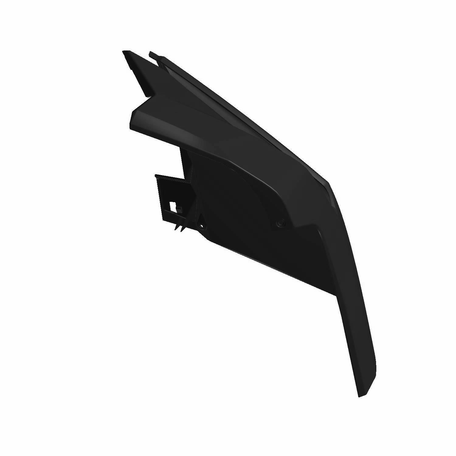 Matte black angular front fender for Polaris UTV with mounting bracket and smooth plastic finish.