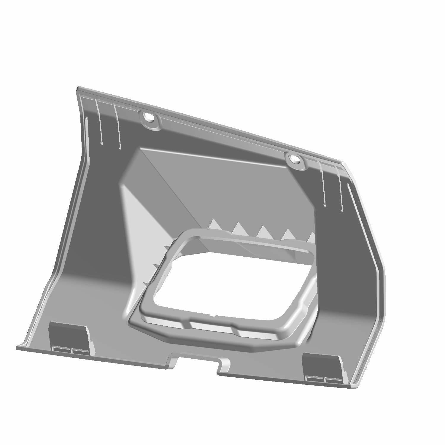 Gloss black angular dash gauge bezel with mounting holes and rectangular center opening.