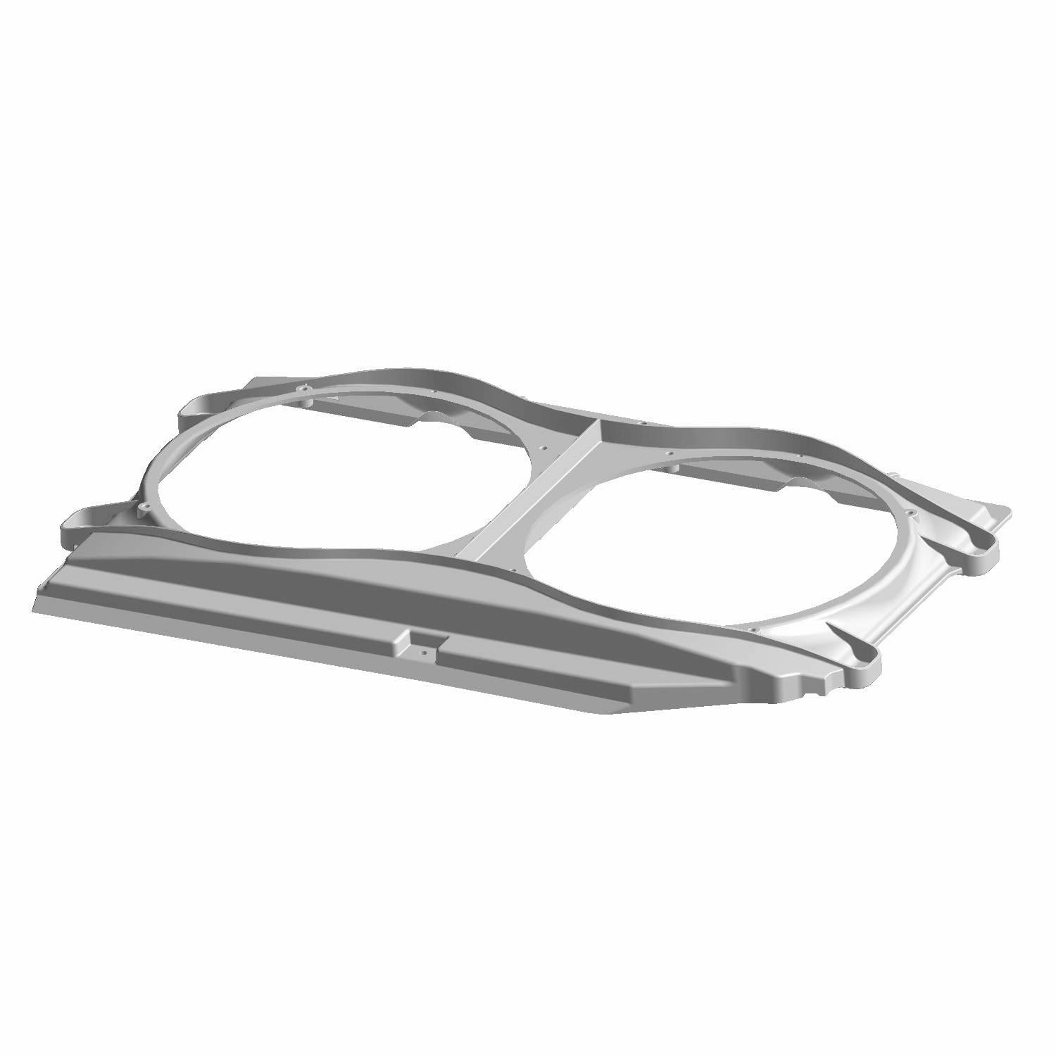 Gloss black rear radiator shroud with dual circular openings and angular mounting edges.