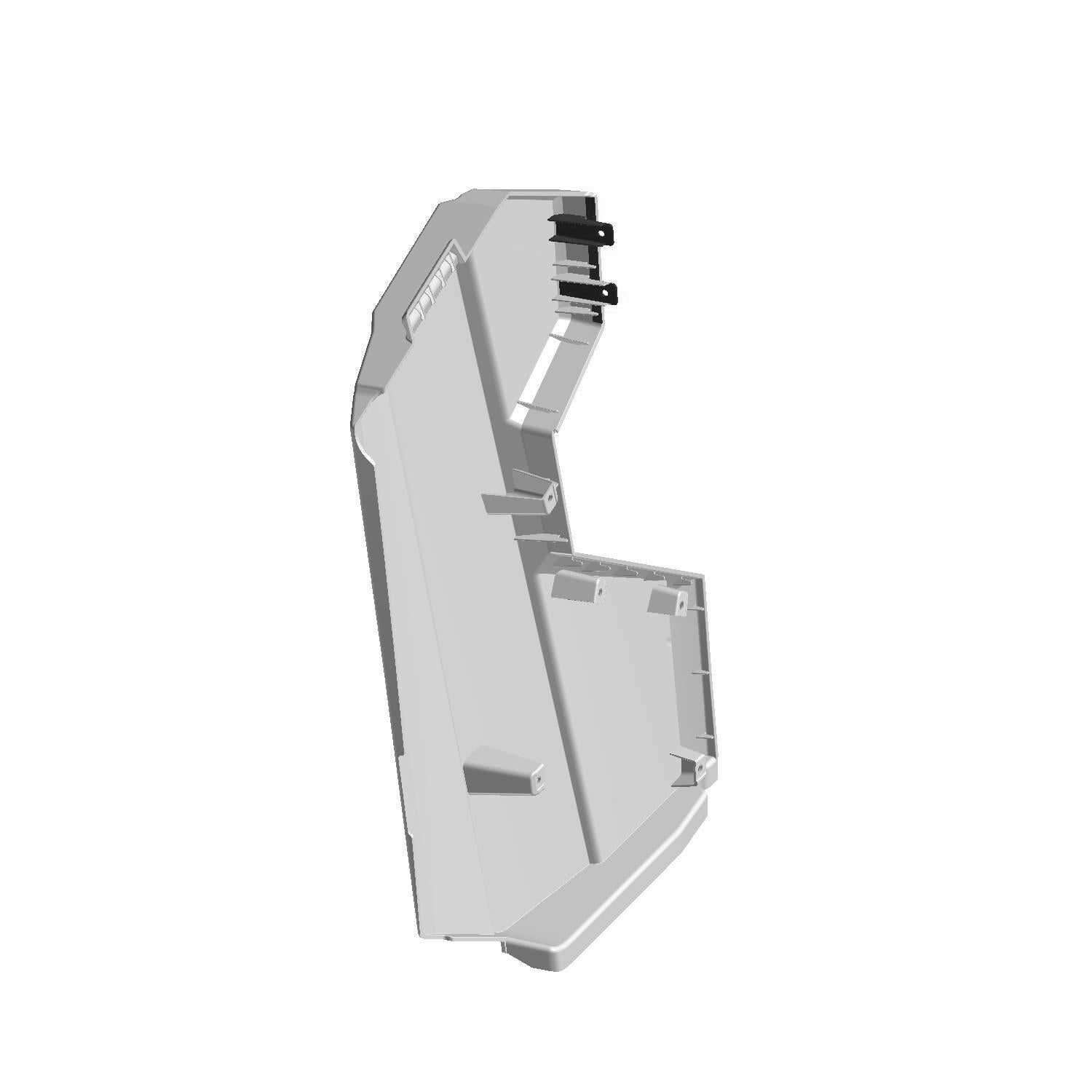 Gloss black angular plastic closeoff panel with mounting tabs and smooth finish for Polaris RZR RS1 side.