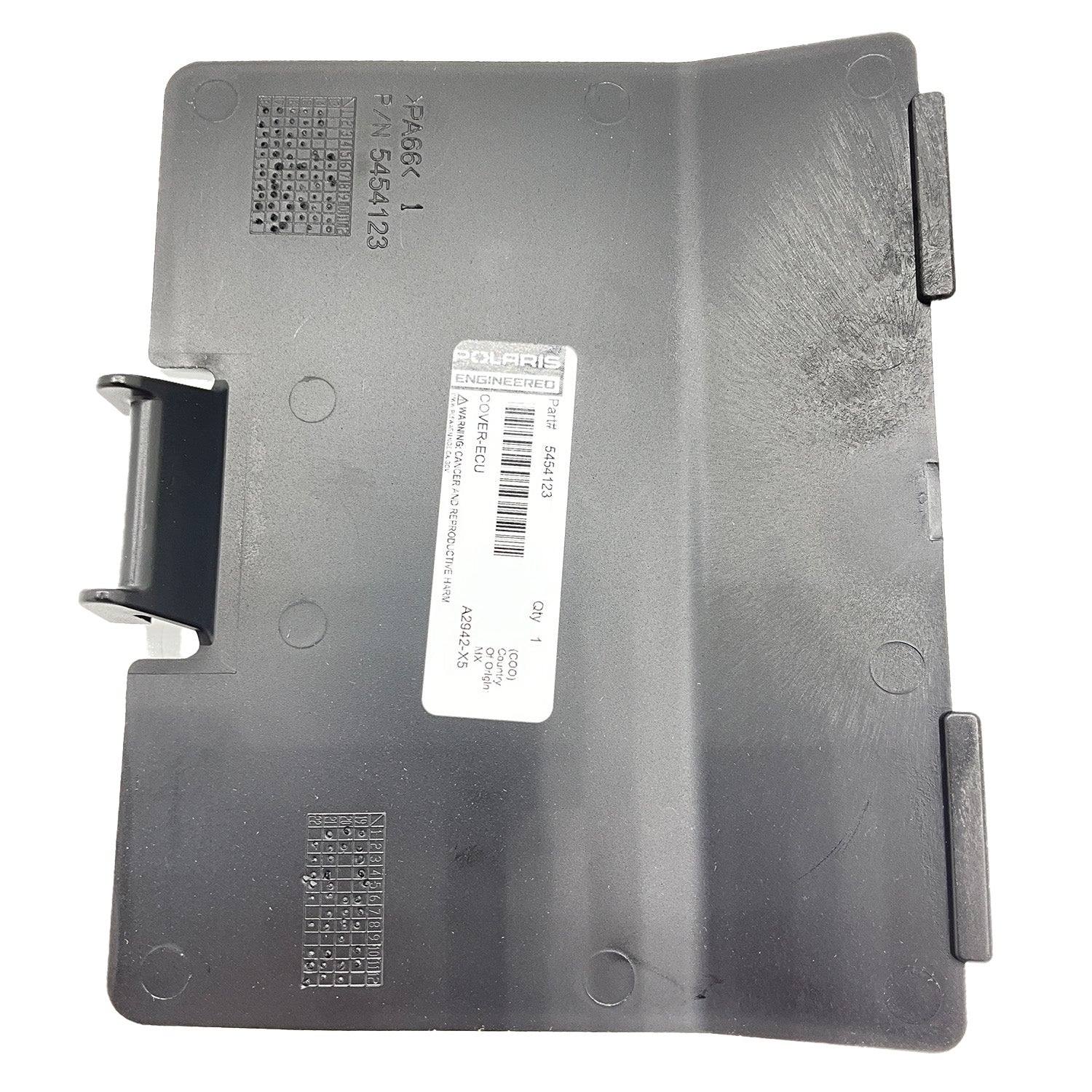 Black plastic Polaris ECU cover with clips and a white product label on the surface.