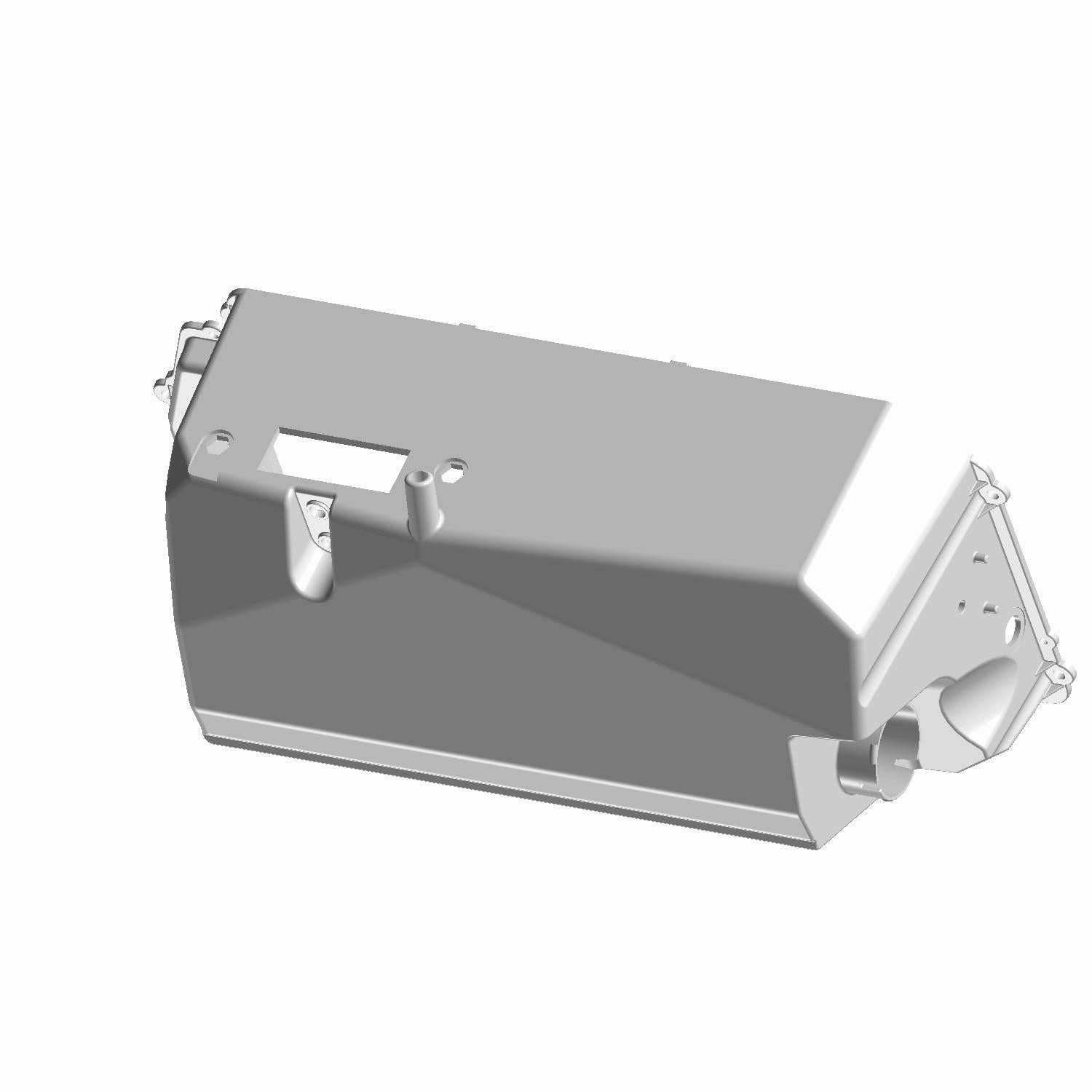 Gray molded plastic lower HVAC housing with mounting brackets and vent connection points.