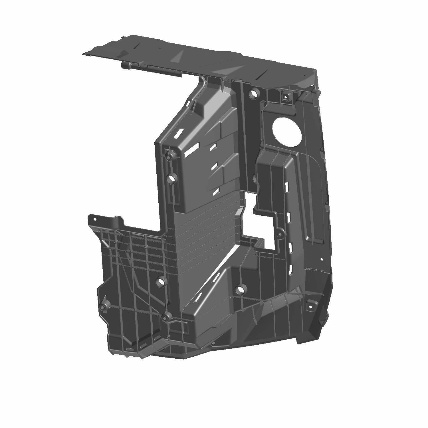 Black molded plastic left side bed box panel with angular design and mounting holes.