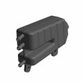 Black plastic tank expansion reservoir with three protruding hose connectors and mounting tabs.