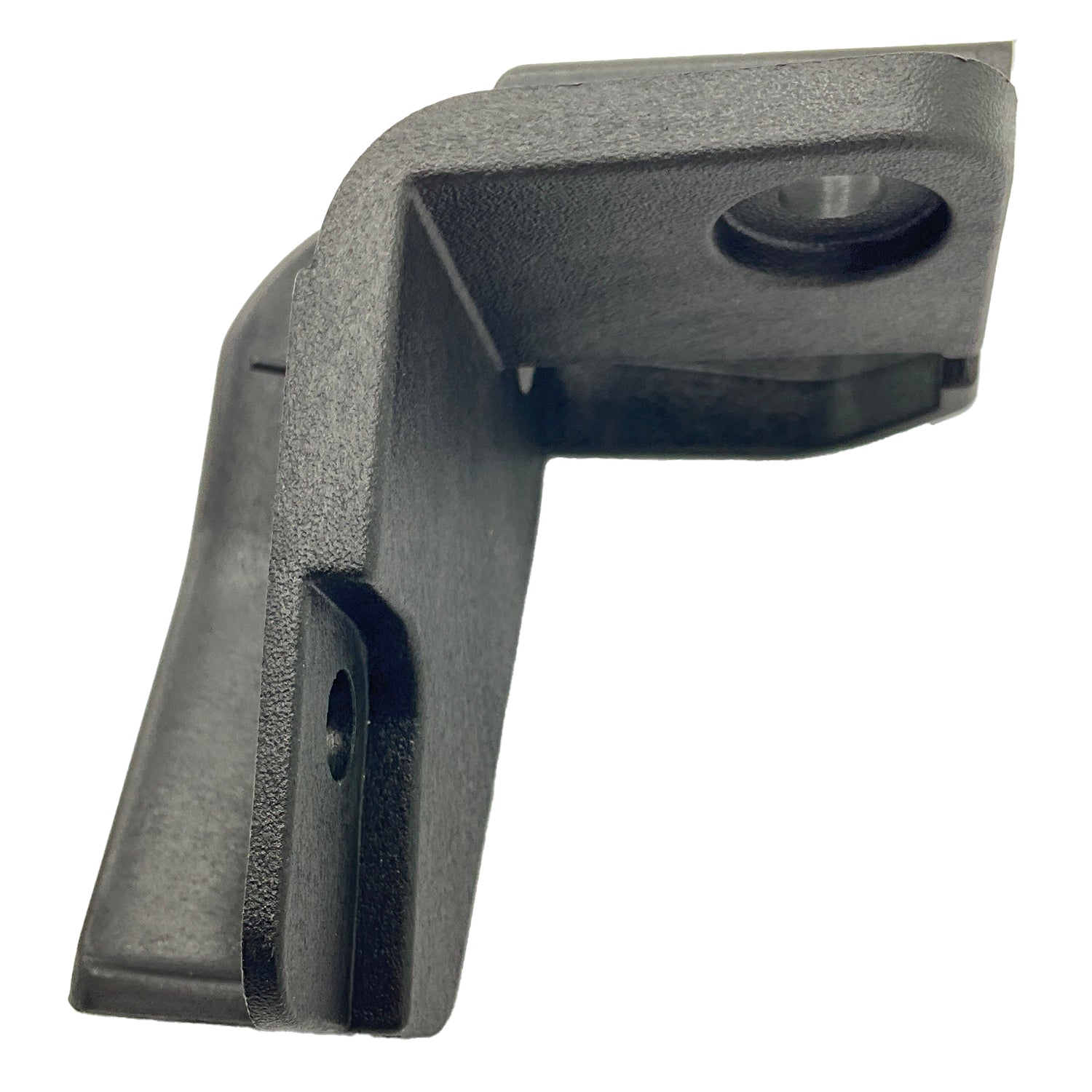 Black molded plastic lower net mount bracket with angled design and mounting holes.