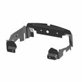 Black metal radiator shroud with mounting holes and angled protective side panels.