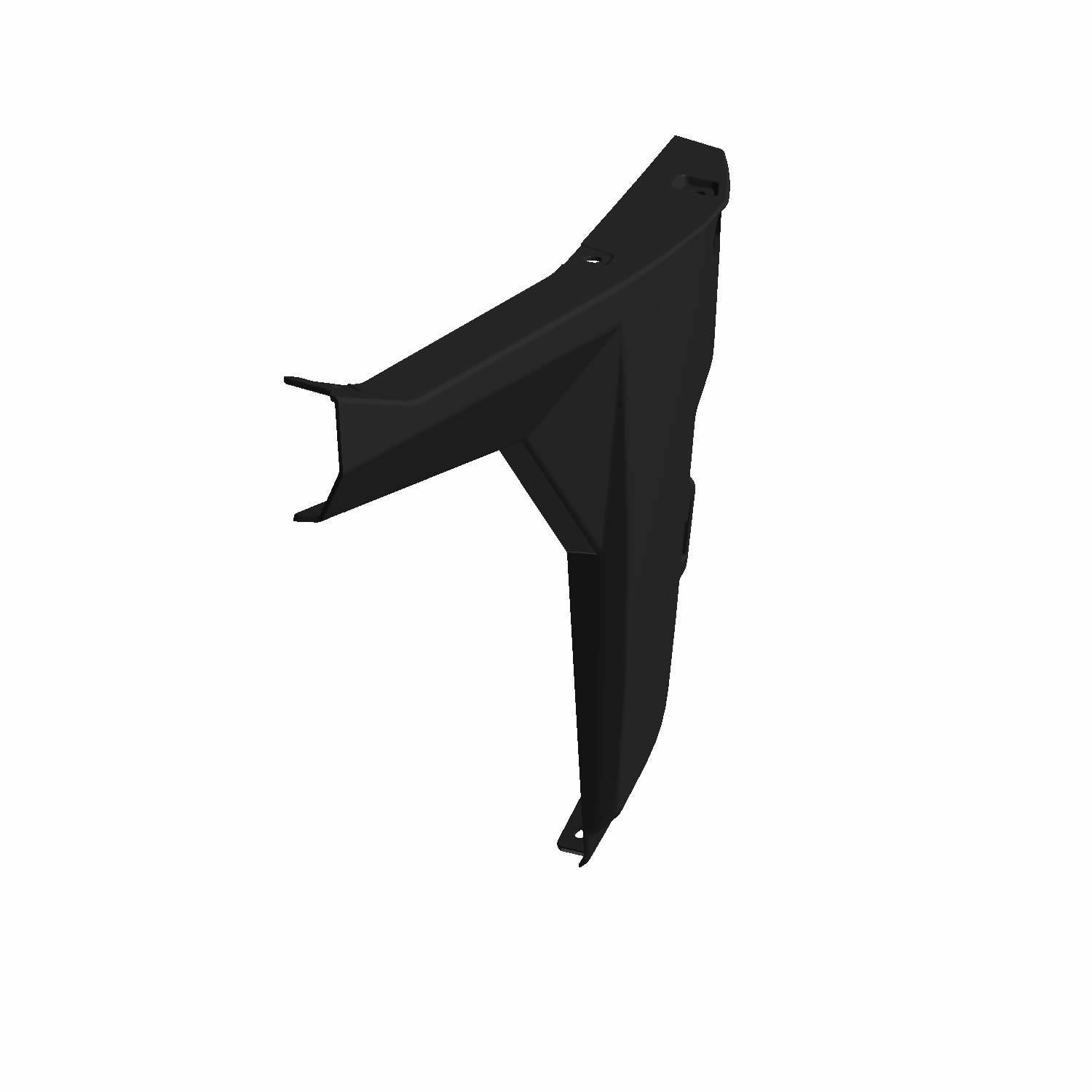 Black angular rocker panel for front right side, molded plastic with mounting holes.