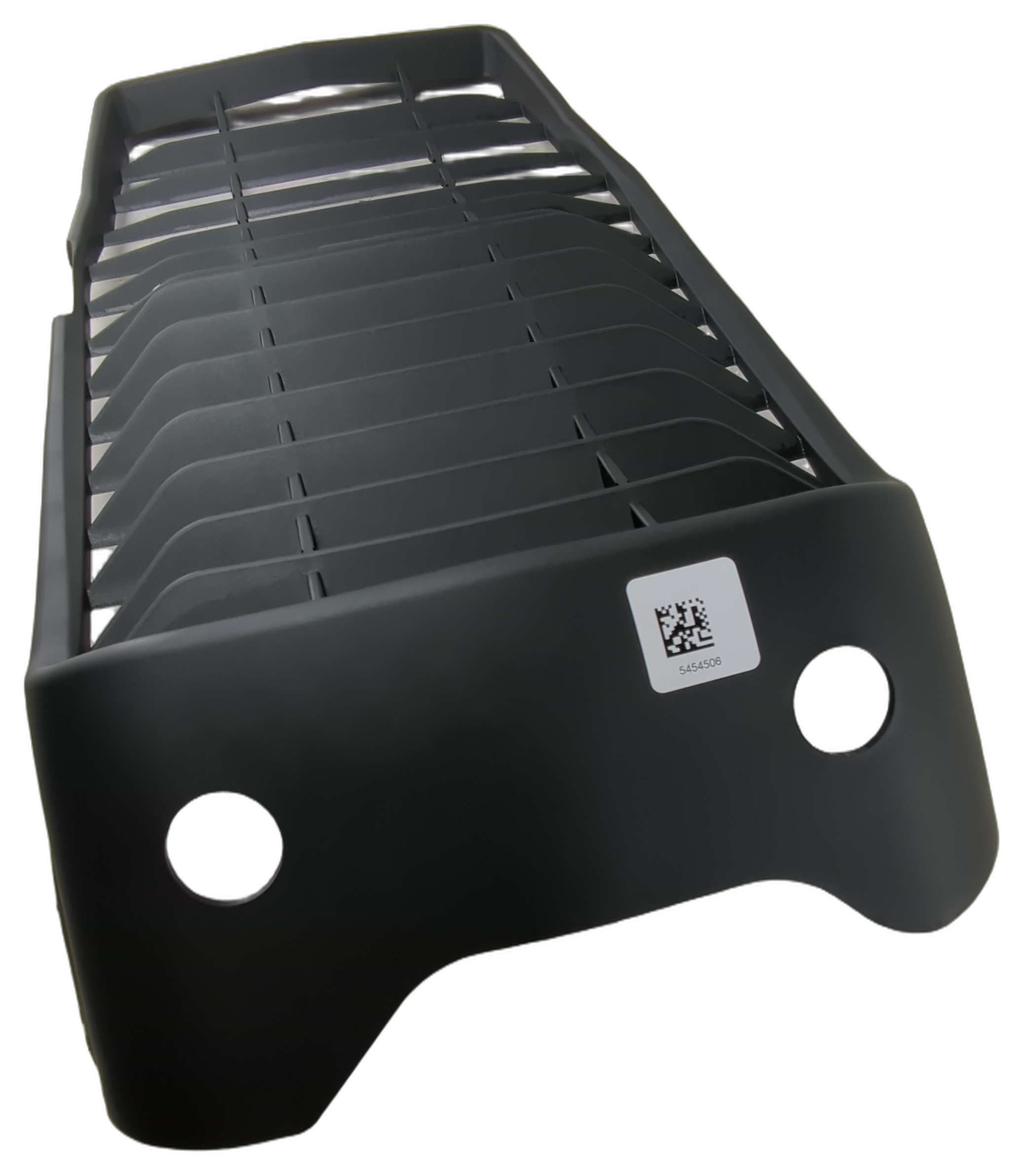 Black motorcycle radiator cover with curved shield and horizontal cooling slats, two round mounting holes and a small label.