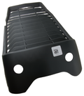 Black motorcycle radiator cover with curved shield and horizontal cooling slats, two round mounting holes and a small label.