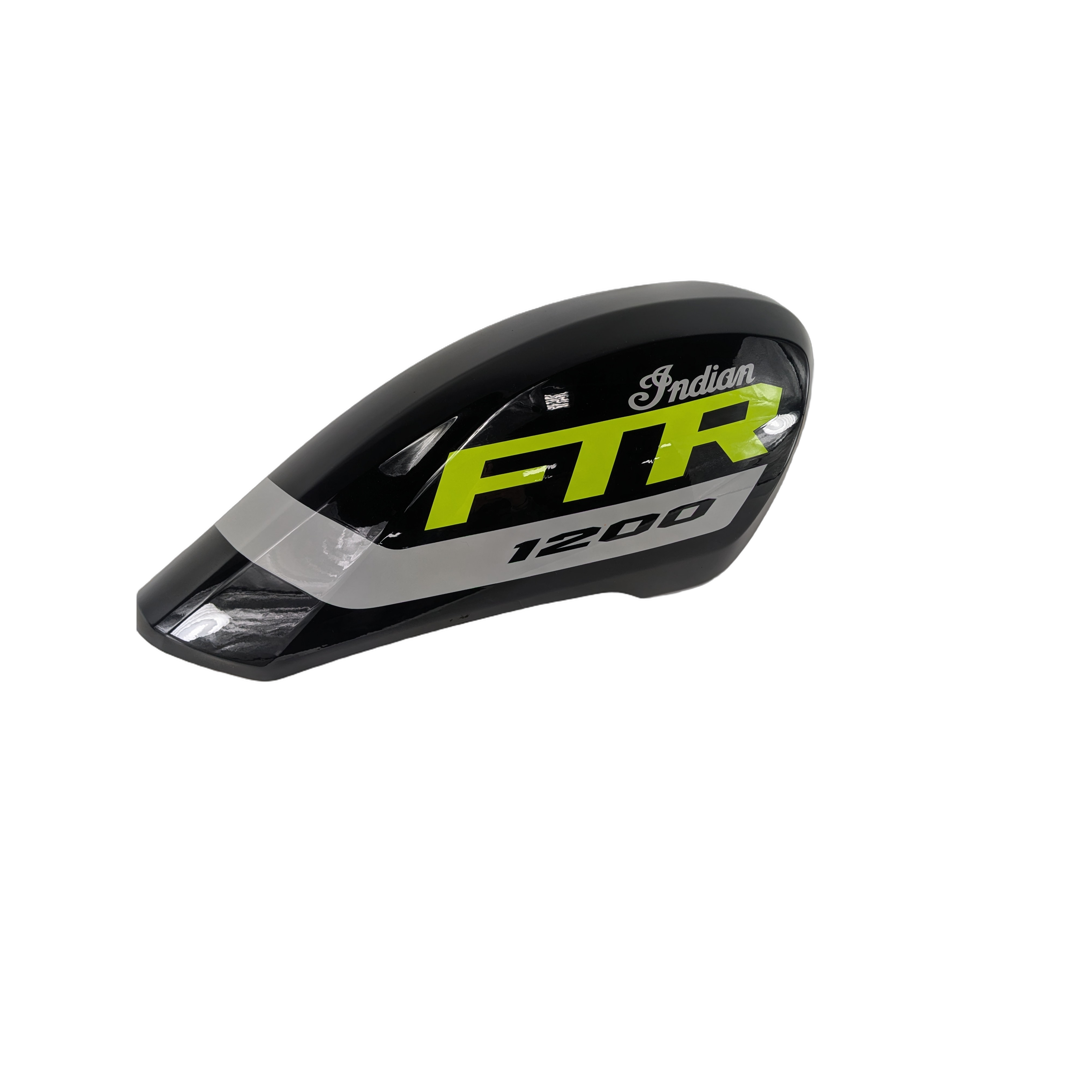 Glossy black aerodynamic motorcycle airbox cover with yellow and silver FTR 1200 decal and Indian branding.