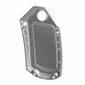 A 3D-rendered image of the Airbox Bezel Top Black by Polaris shows a metallic, rectangular part with beveled edges, a circular hole at one end, raised borders, and screw holes—perfect for OEM Indian Polaris replacement.