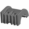 Gray rectangular plastic bushing with grooved sides and a curved open slot on one end.