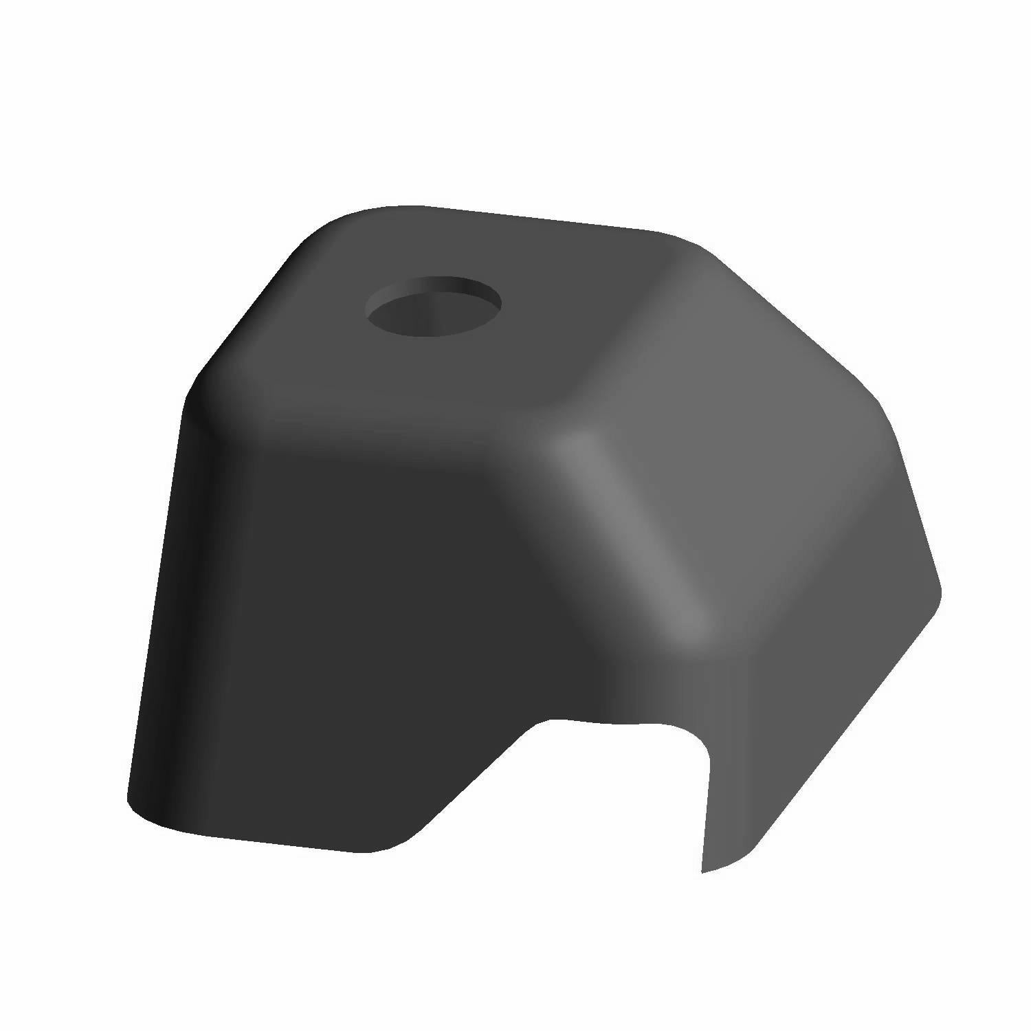 Black angular plastic anchor bracket cover with a hole on top and an open side slot.