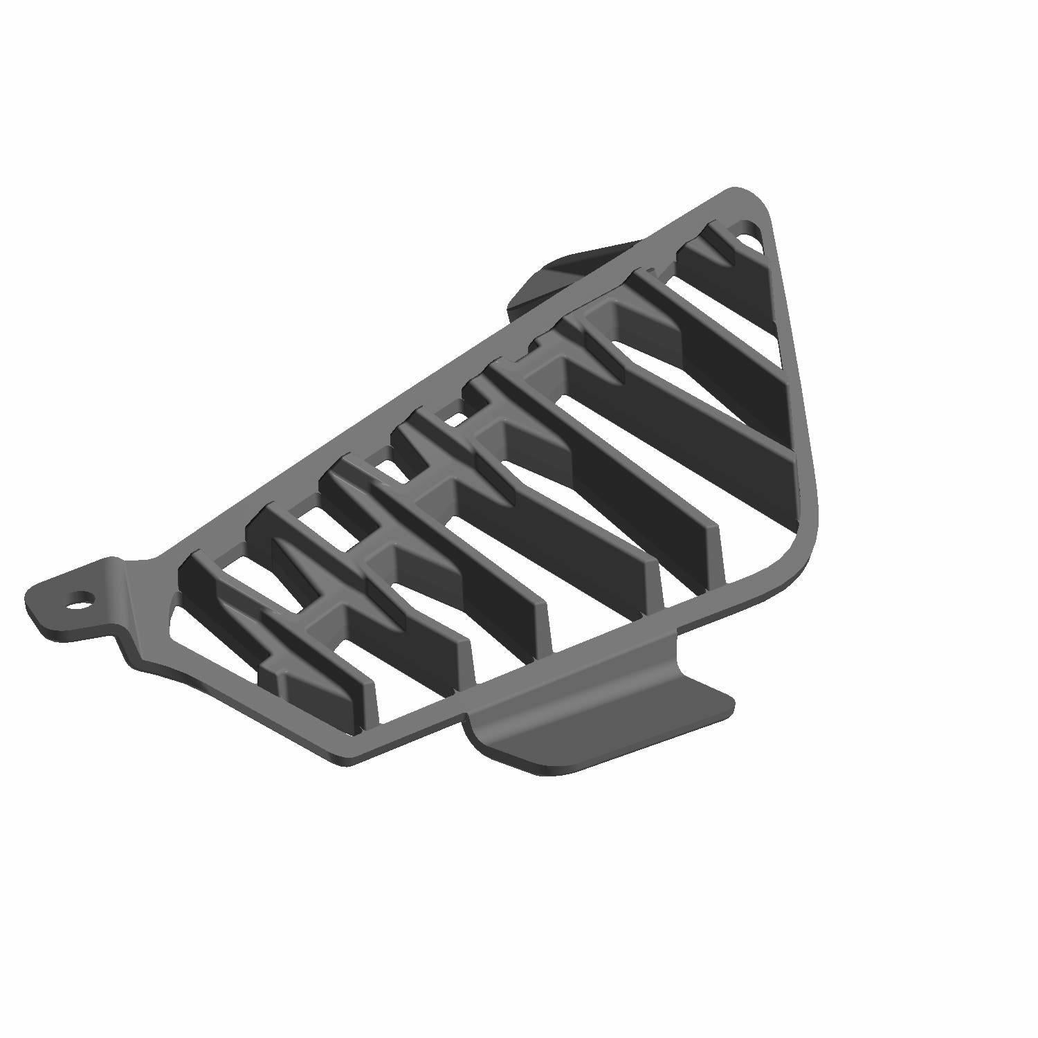Matte black left front fascia grille for Polaris RZR with angled horizontal slats and mounting tabs.