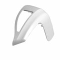 Matte white left lower motorcycle fairing with angular cutouts and smooth contours.