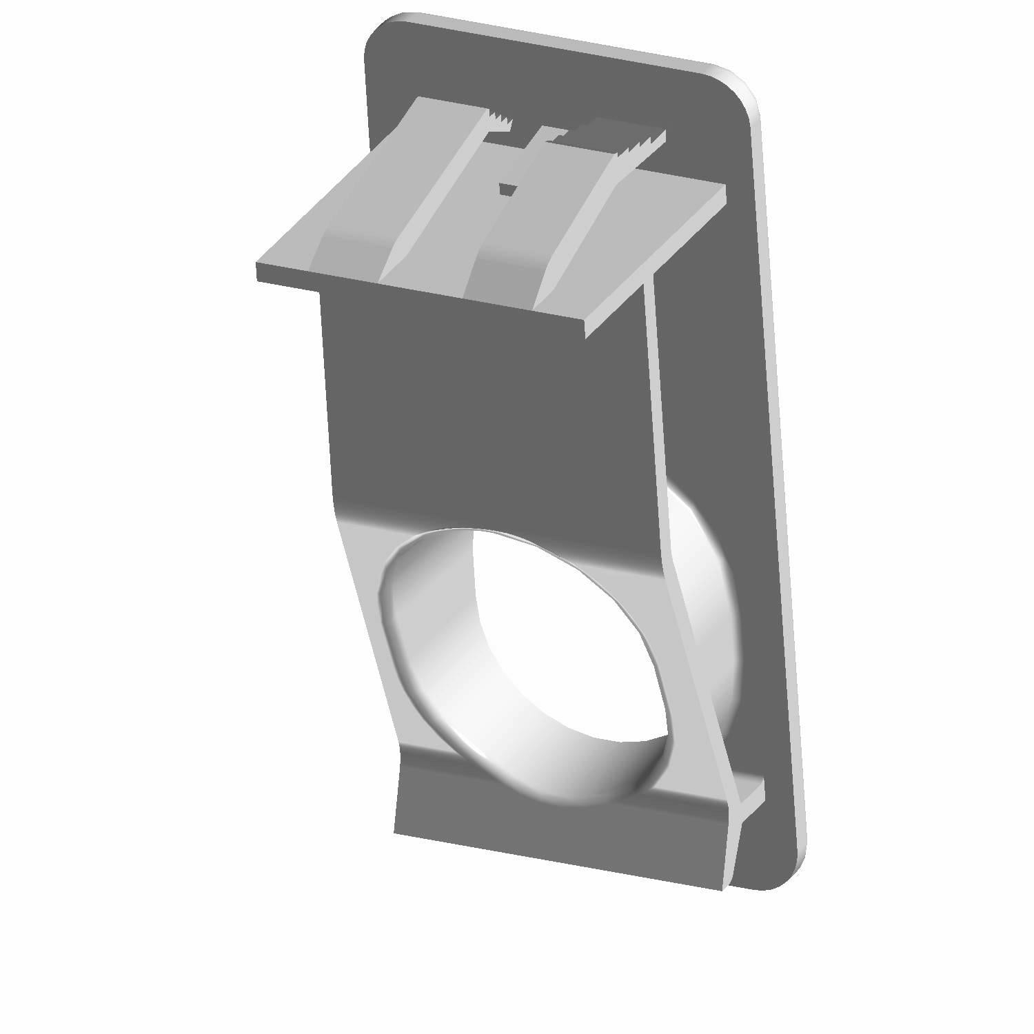 Gray rectangular plastic hole plug with circular opening and angled clip tabs.