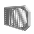 Gray plastic rear speaker panel with hexagonal mesh grille and angular design.