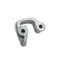Gray metal tailgate hook latch with curved design and two bolt holes.
