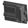 Black molded plastic storage bin with rectangular shape and geometric detailing.