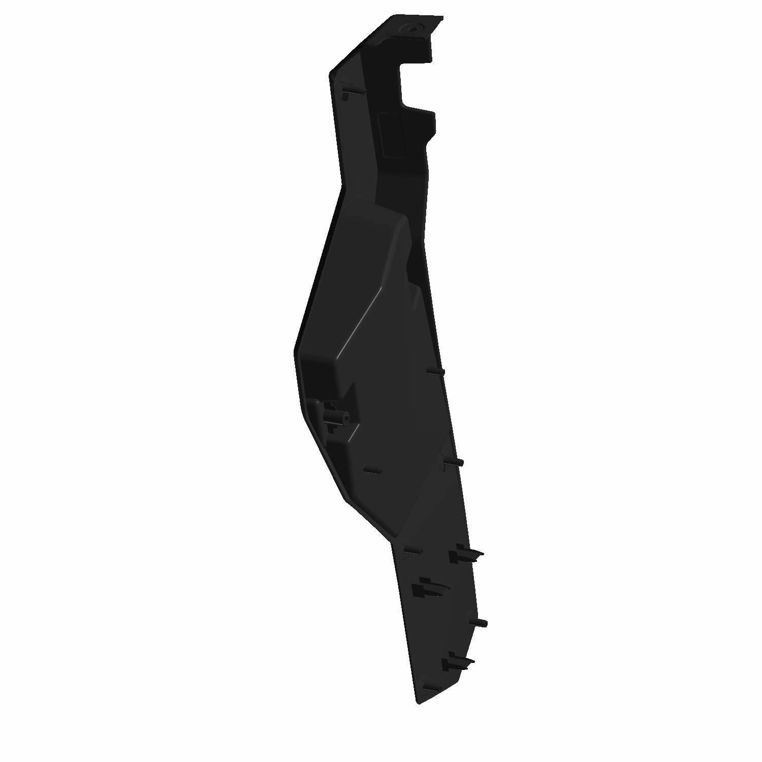 Black plastic inner door trim panel with angular design and mounting clips, left side fitment.