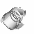 Gray plastic airbox base with round opening, angled hose connector, and mounting brackets.