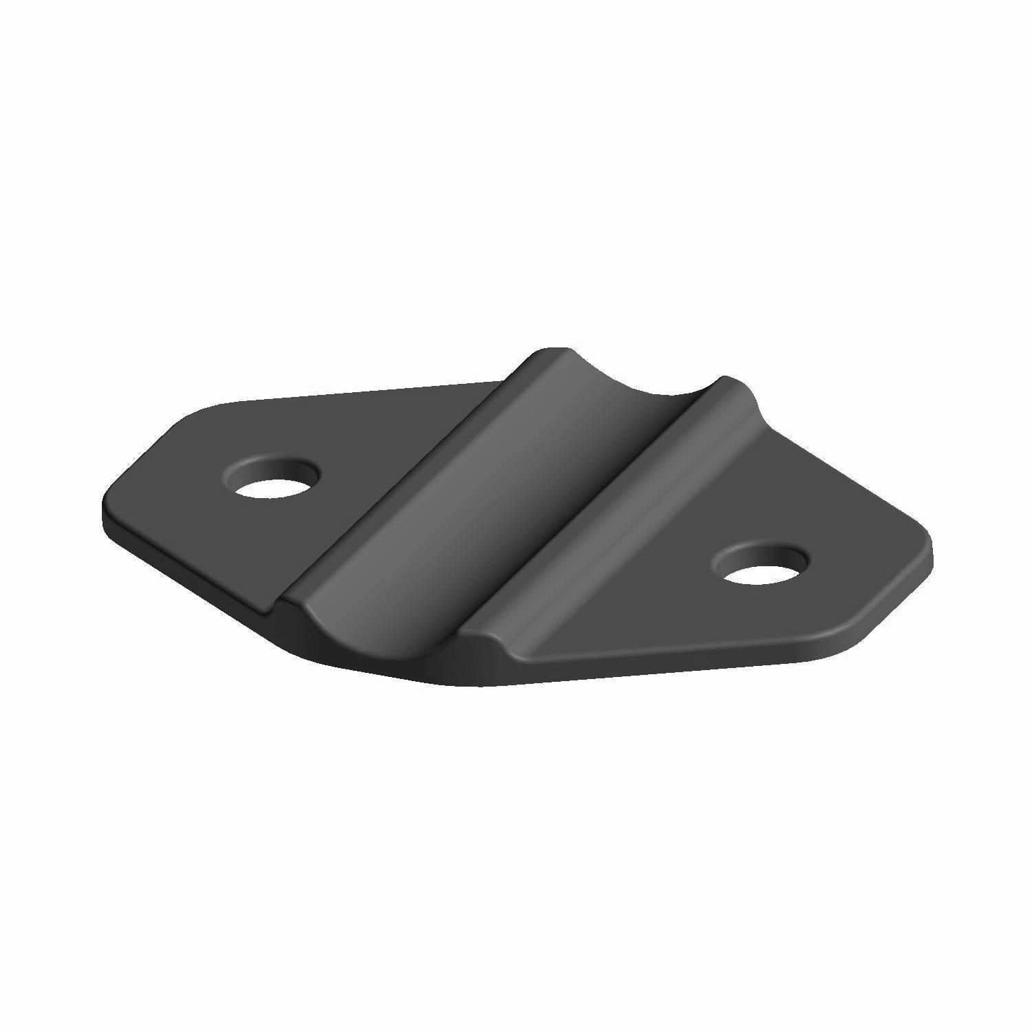 Black metal lower hinge bushing seat with two mounting holes and a contoured central groove.