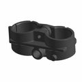 Black plastic routing clip with dual circular clamps and locking mechanism.
