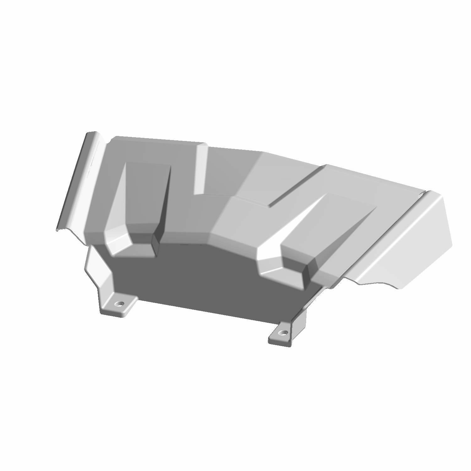 Gray molded plastic winch cover with angular design and mounting brackets.